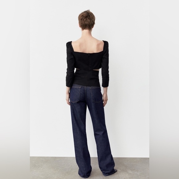 Zara Linen Blend Cut Out Top Black Puff Shoulders Cropped Small - Picture 4 of 16